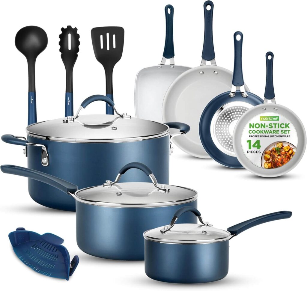 NutriChef 14-Piece Navy Blue Nonstick Cookware Set